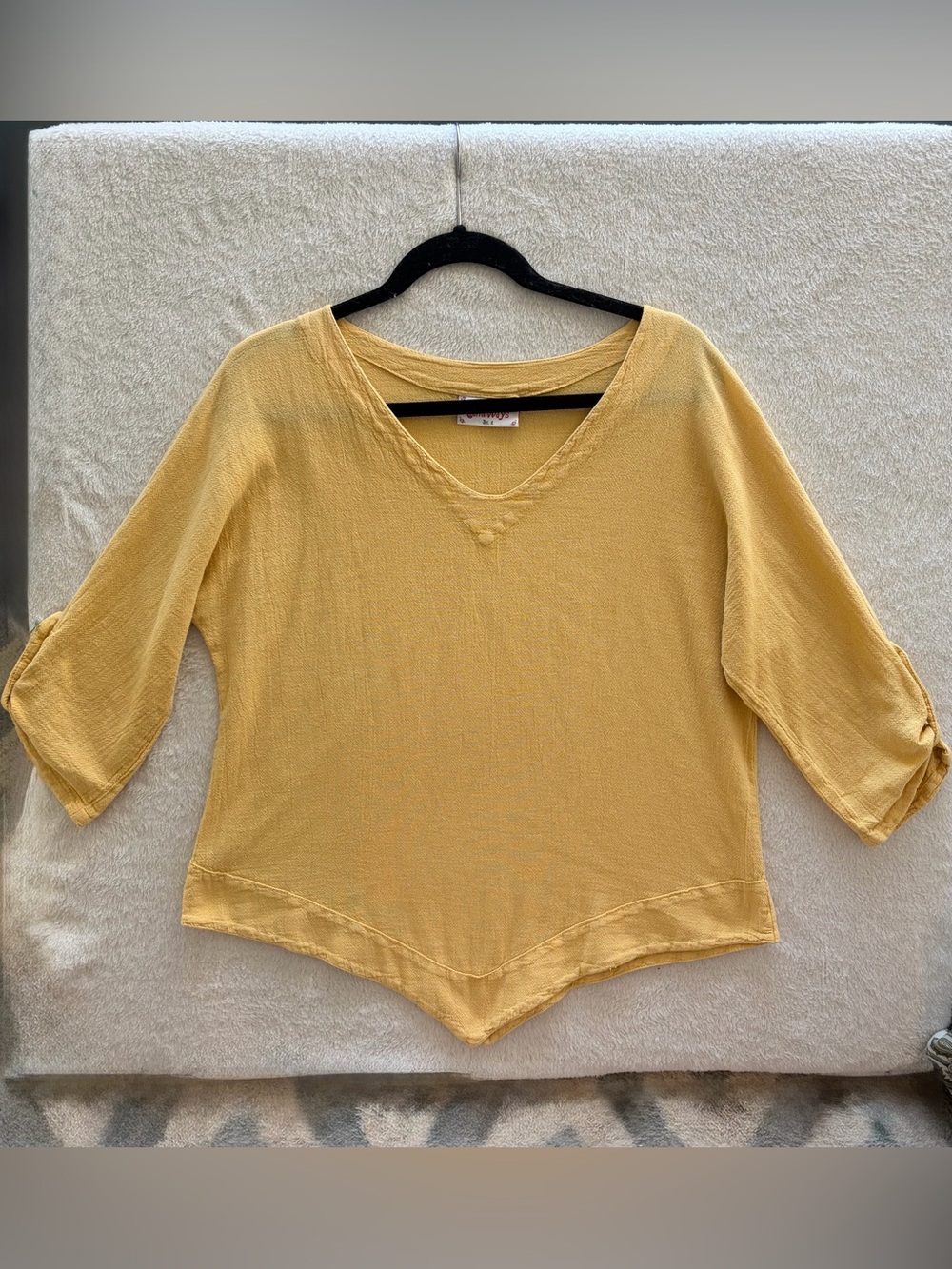 Cottonways Mustard Cotton 3/4 Sleeve Pointed Hem Top